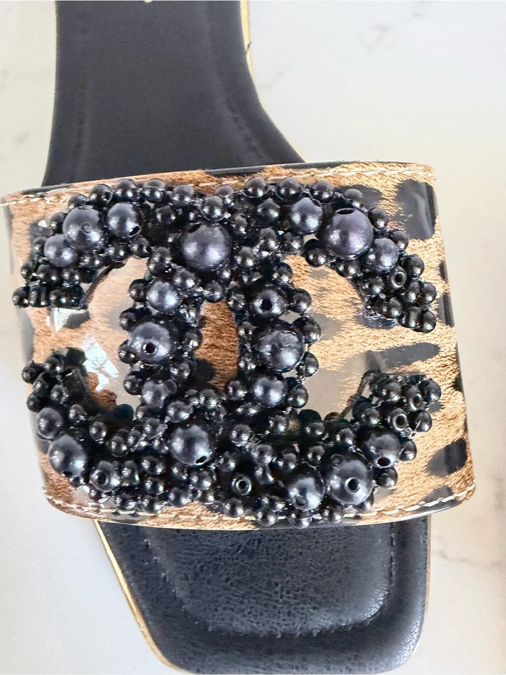 CHANEL Leopard Beaded Slide Mules in Black & Brown size 6